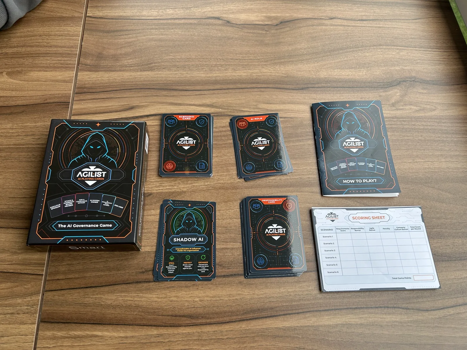 Prvo pilot izdanje Agilist AI Playing Cards sa špilovima karata, uputstvom i listom za bodovanje na stolu.